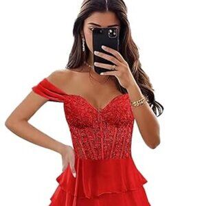Off The Shoulder Corset style, Chiffon Tiered Skirt Formal Evening Gown/Dress